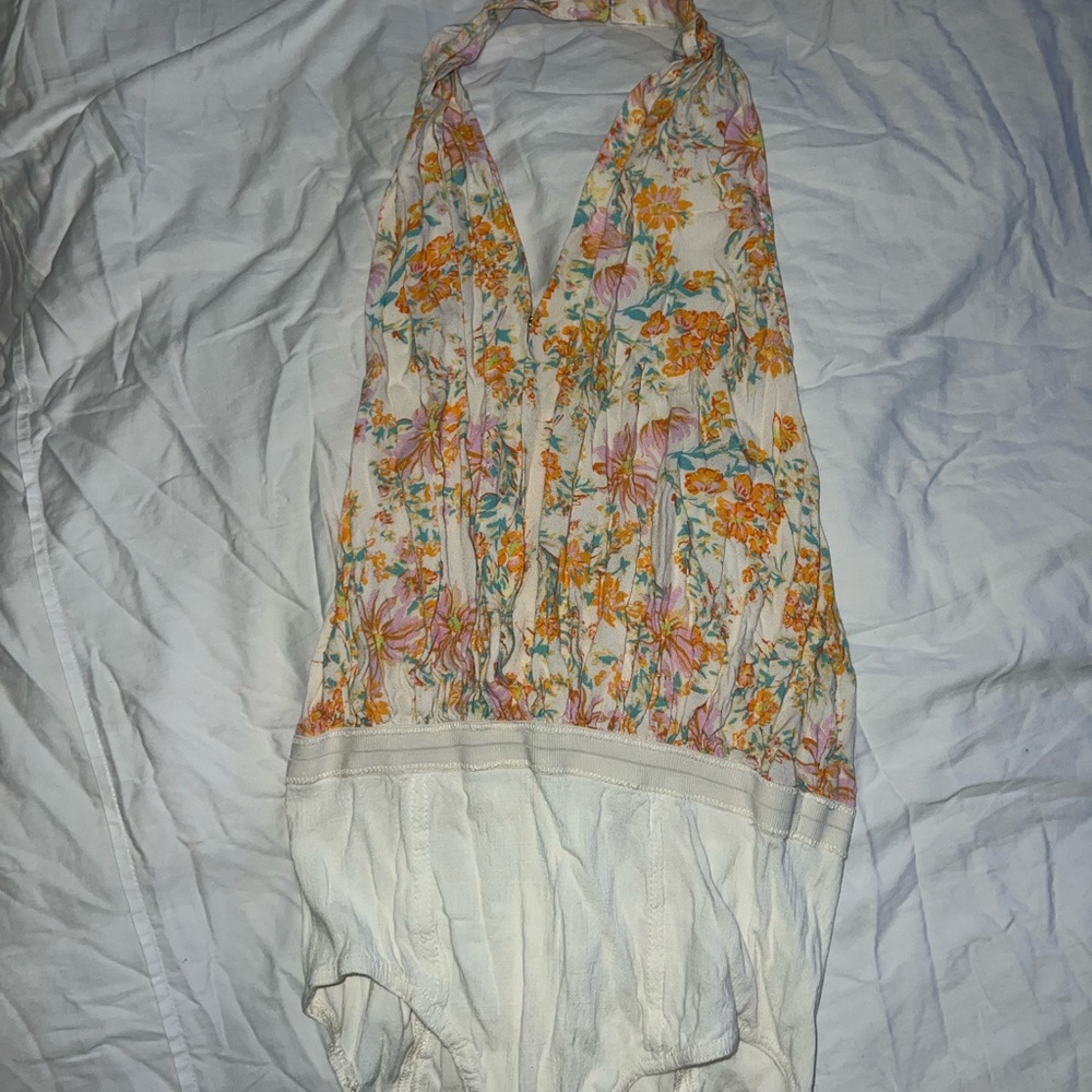 Free People Floral Halter Bodysuit - Orange and White